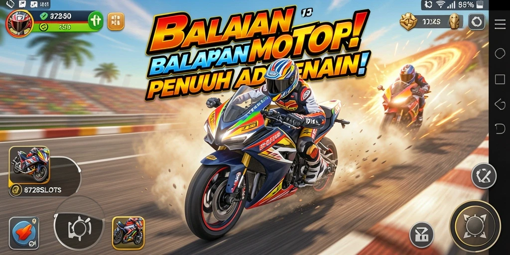 Screenshot gameplay 8728SLOTS menampilkan aksi balapan motor yang mendebarkan.