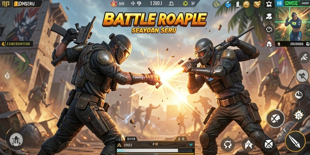 Tampilan gameplay intens dalam <strong>IDNSERU</strong> saat bertarung di medan pertempuran.