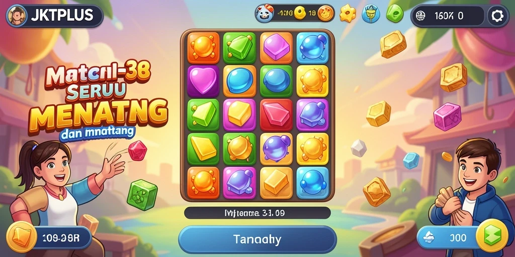 Screenshot utama JKTPLUS menampilkan gameplay Match-3 yang seru dan penuh warna.